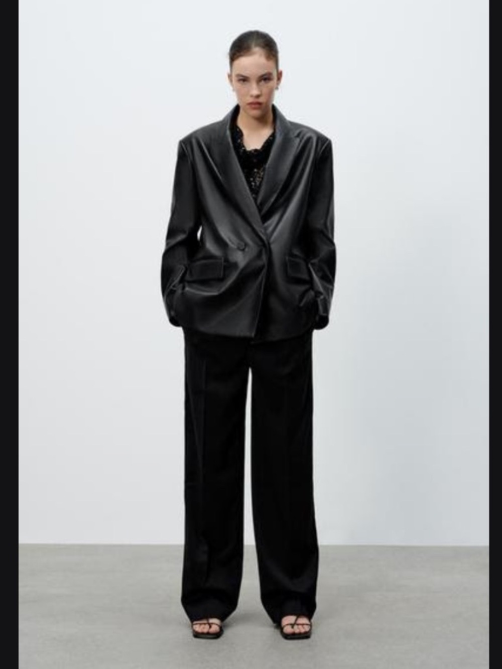 Zara Black Oversized Faux-Leather Blazer